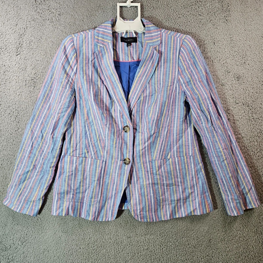 Talbots Blazer Suit Women Size 6 Linen Blend 2-Button Colorful Striped‎